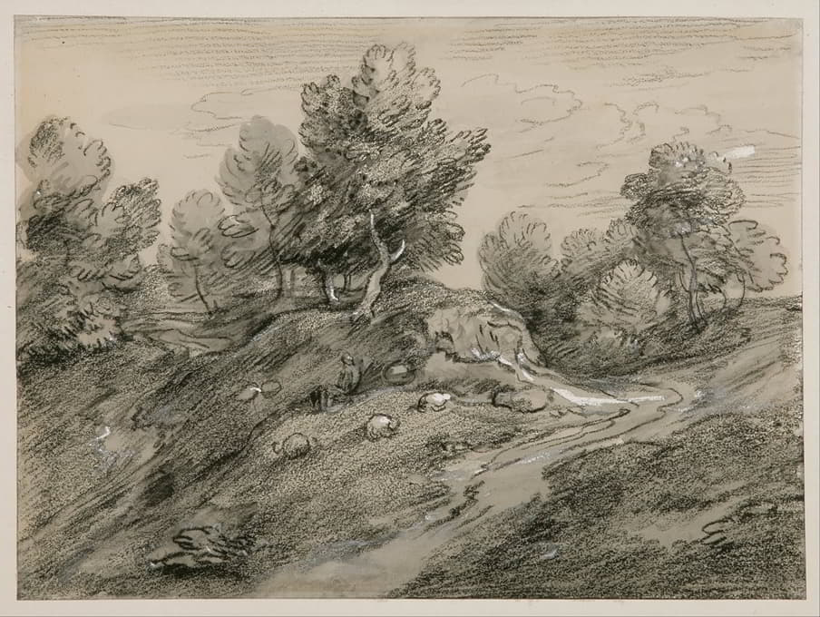 Thomas Gainsborough - Wooded upland landscape with shepherd and sheep and country track winding around a knoll
