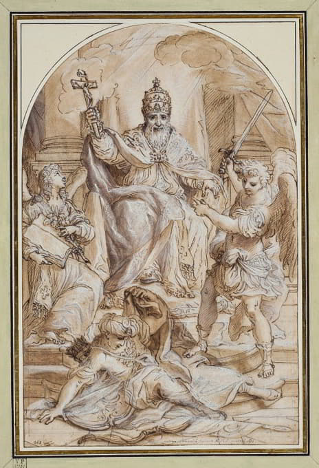 一位教皇坐在一位拿着一本书的天使的旁边，圣迈克尔正在杀死一名土耳其人