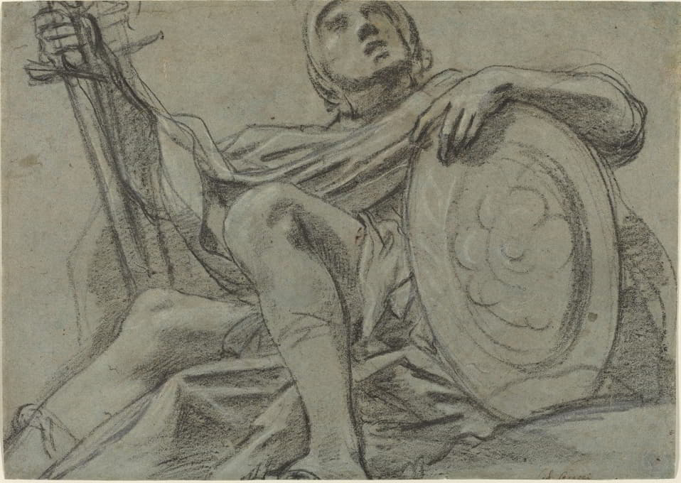 Giacomo Cavedone - Seated Warrior Holding a Sword and Shield (recto)