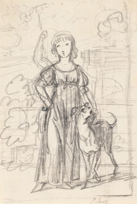 一幅年轻女孩的肖像画草稿，右手放在一边，左臂搂在狗脖子上，站在花园楼梯旁