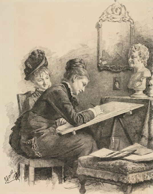 Gabriel von Hackl - Two Women Sketching a Sculpture