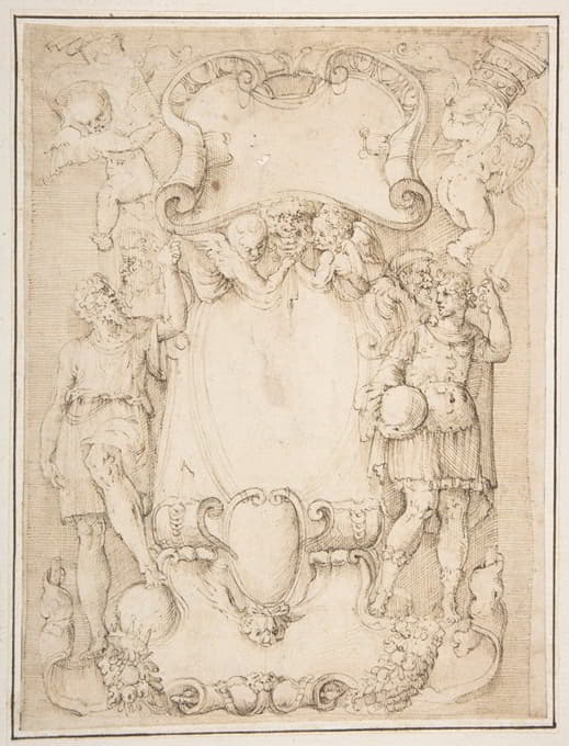 卡图切画，左边是留胡子的人，右边是戴桂冠的年轻人，还有四个普蒂