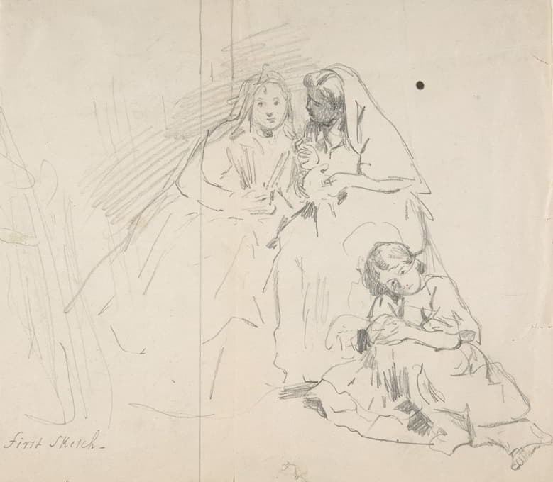 两个坐着的女人的素描，年轻女孩坐在她们的脚边