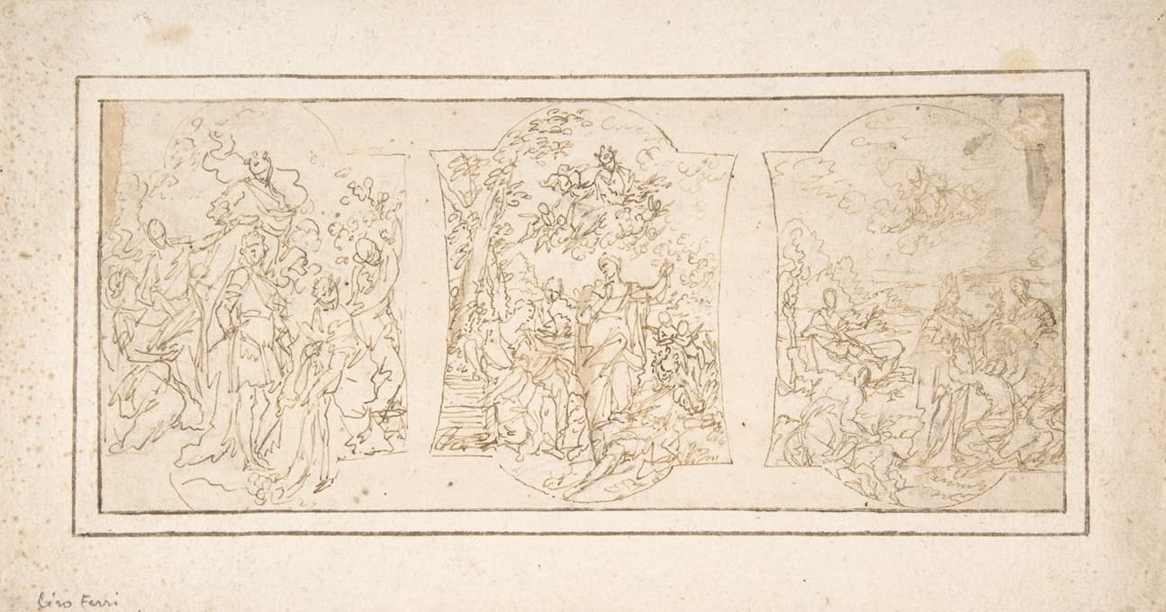 Ciro Ferri - Drawing for Ceiling Decoration Consisting of Three Panels Each Showing a Different Scene with Figures