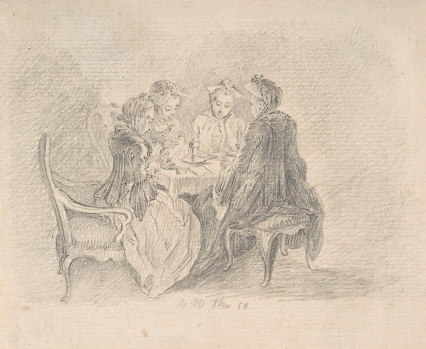 四位女士围坐在桌子旁，忙着做针线活、读书和写字