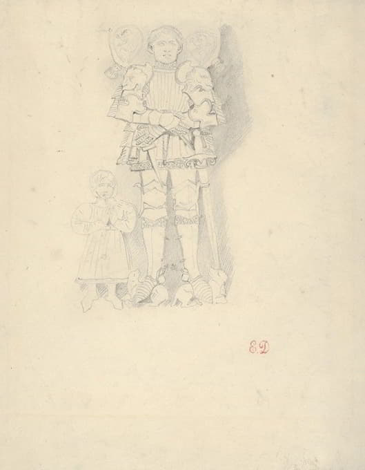 坟墓肖像；一个穿着盔甲的男人站在一个孩子旁边