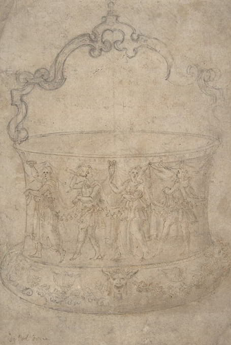 Girolamo Genga - Design for a Bucket-Like Vessel with a Handle of Strapwork, on a Body Adorned with Dancing and Music-Making Antique-Style Figures