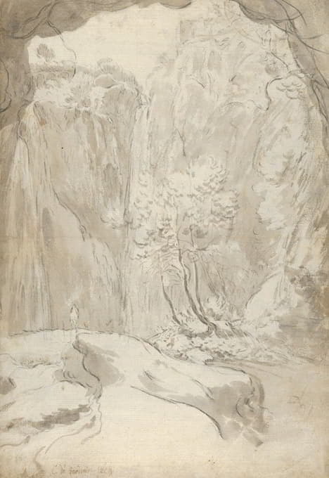 Guilliam du Gardijn - View of a Waterfall in Tivoli From Within a Cave
