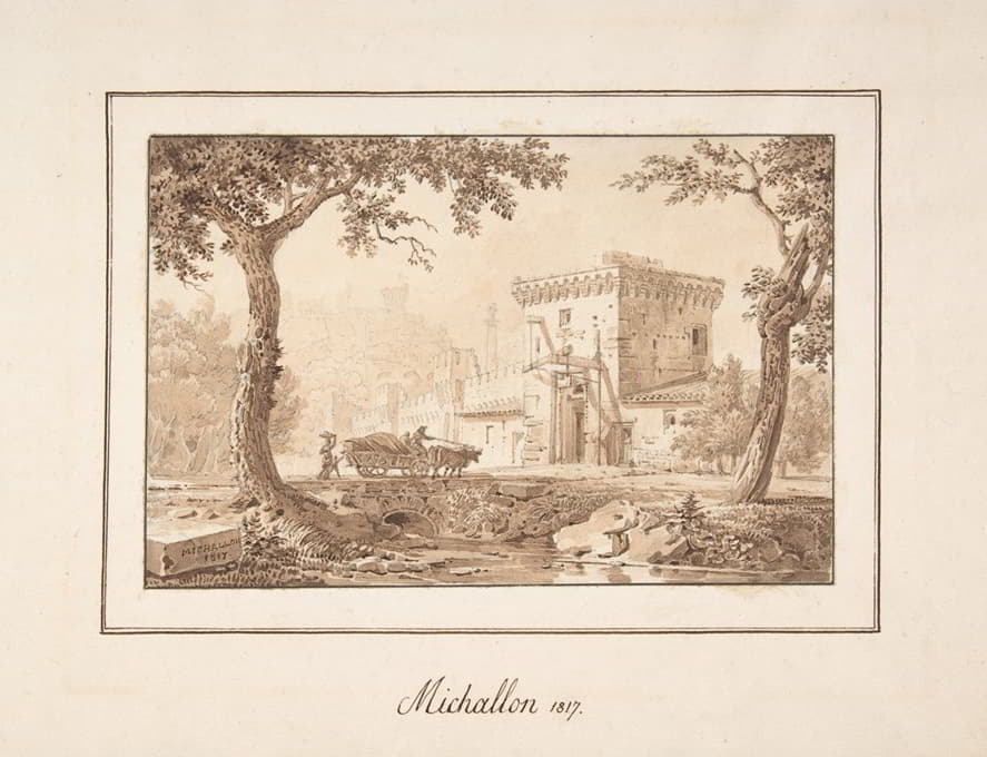 Achille Etna Michallon - Oxcart Approaching a Fortified Building