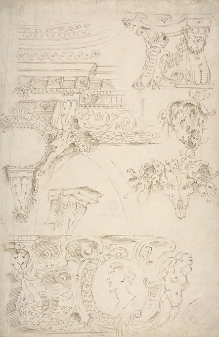 雕塑装饰的草图。带有人、动物和花卉装饰的顶楼和檐带