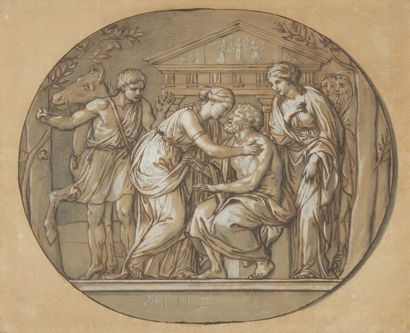 俄狄浦斯在他的女儿安提戈涅和伊斯梅尔之间的愤怒神庙前