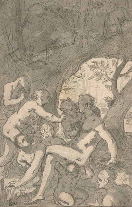 女人们在树林里洗澡，被一只色狼吓了一跳