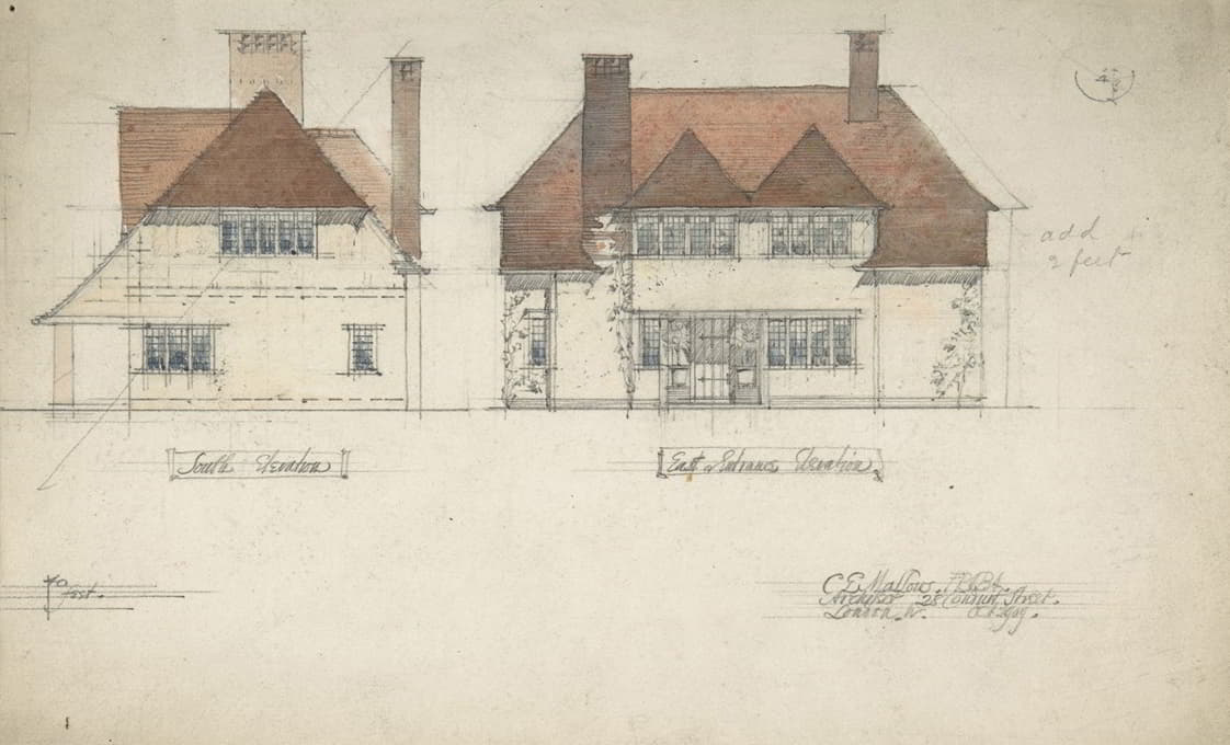Charles Edward Mallows - South Elevation and East or Entrance Elevation of a House
