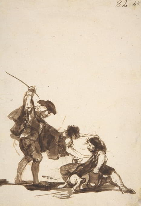 一个举着鞭子的男人在两个人之间打斗