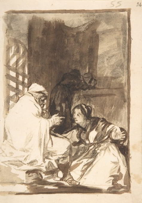 一位妇女跪在一位老人面前，双臂张开