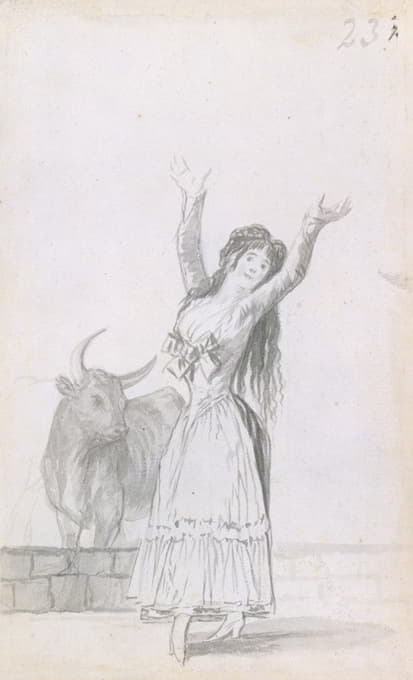 一位年轻女子在跳舞，她举起双臂，背景是一头公牛