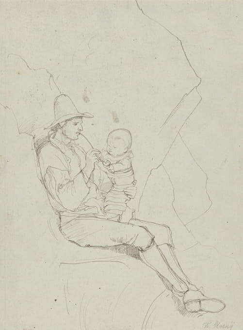 一个坐着的意大利牧羊人，腿上抱着一个小孩