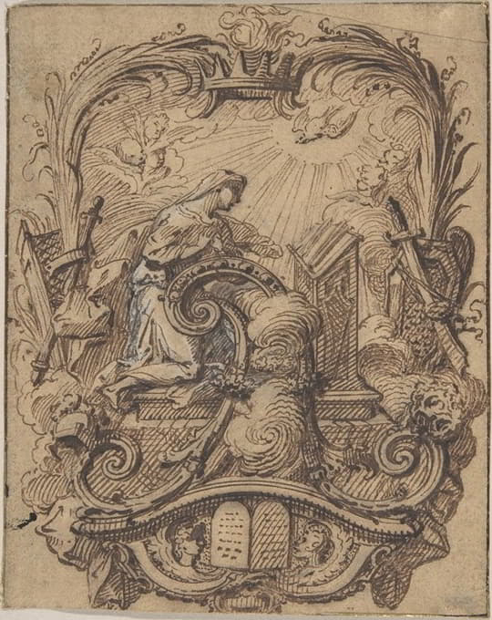 Gilles-Marie Oppenord - Study for a Decorated Initial A with the Annunciation