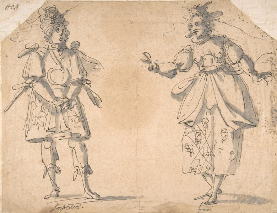 两套化装舞会或芭蕾舞服装的素描（“Sospiri”和“Baci”）