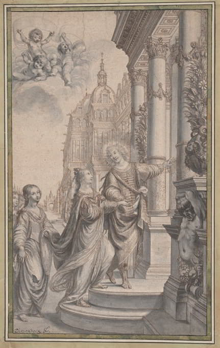 正面画的设计；一个男人引导一位加冕妇女和她的侍从进入宫殿