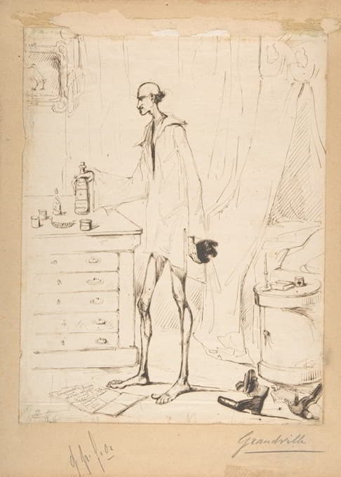 J. J. Grandville - Man in a Nightshirt Reaching for a Bottle Labeled ‘Fountain of Youth’
