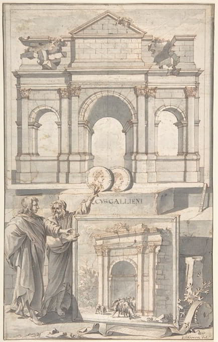 加里恩努斯拱门的重建（上图）和遗址视图（下图）