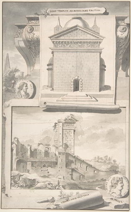 重建奥勒良太阳神庙（上图）和遗址视图（下图）