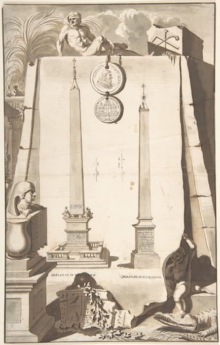 两座方尖碑的视图，一座在梵蒂冈，另一座在埃斯奎林山。