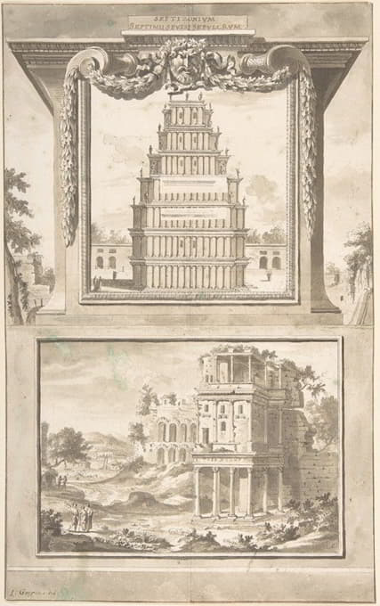 Jan Goeree - Reconstruction of the Monument to Septimius Severus (above), View of the Ruins (below)