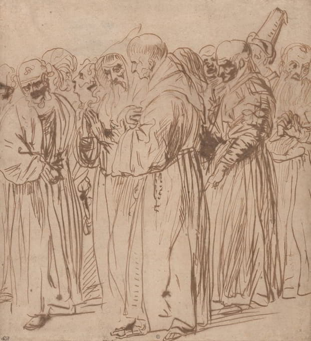 一群站立的僧侣和其他人物