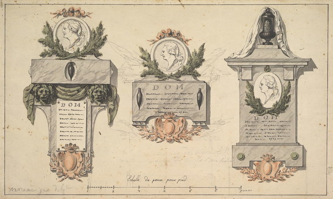 三个墓葬纪念碑或墓志铭的设计。