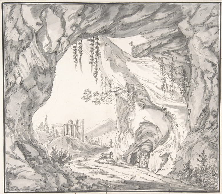 一座城堡的废墟和一个山洞里的三个人的山地景观，从石门可以看到