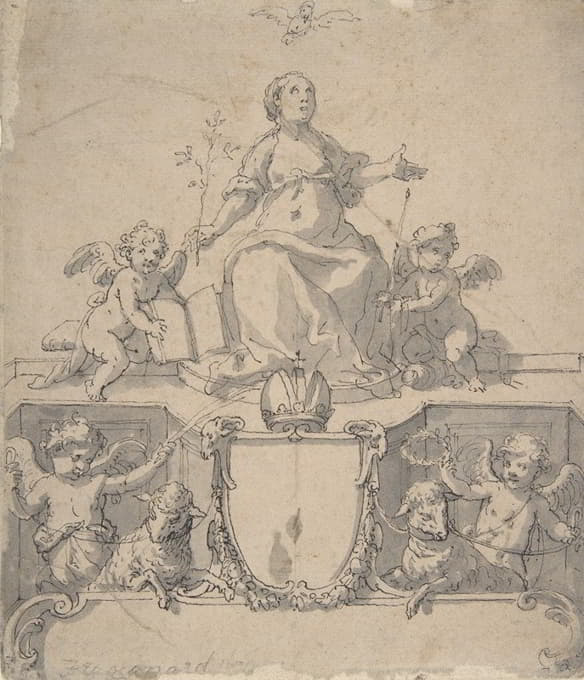 Johann Matthias Kager - Cartouche with a Crown, the Virgin and the Holy Ghost, and Four Putti