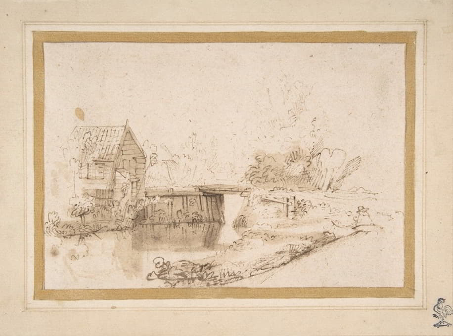 一个制图员坐在河边，一座桥和一座小屋后面的风景