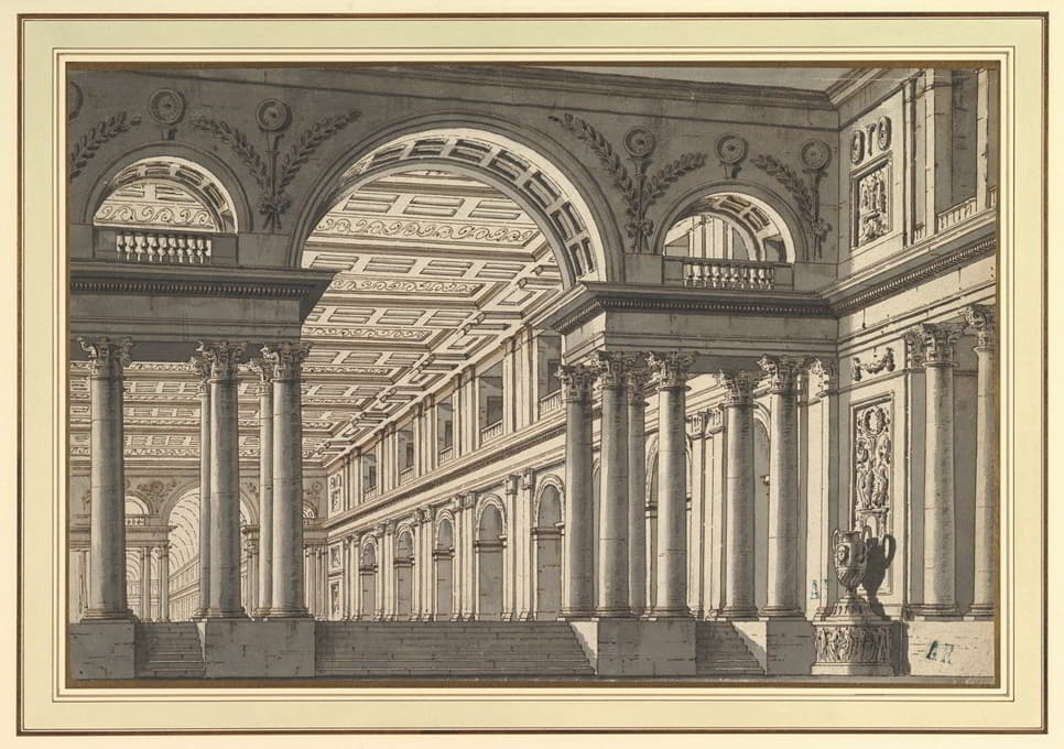 舞台布景设计；带有凯旋门图案的古典拱廊