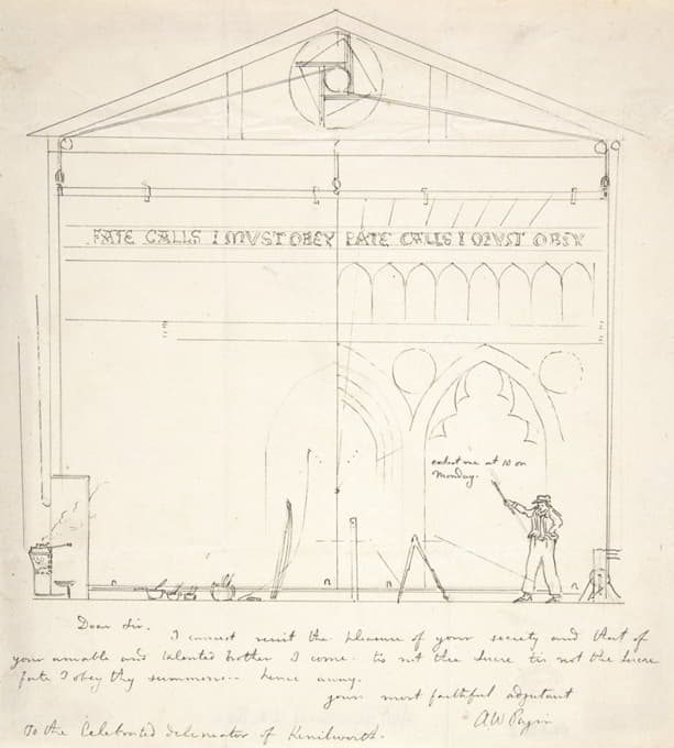 Augustus Pugin - Letter with Sketch of Artist Painting Stage Scenery