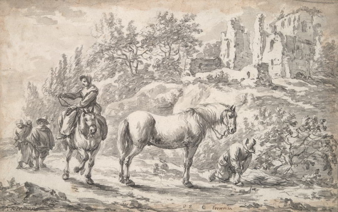 城堡废墟附近的农民和马