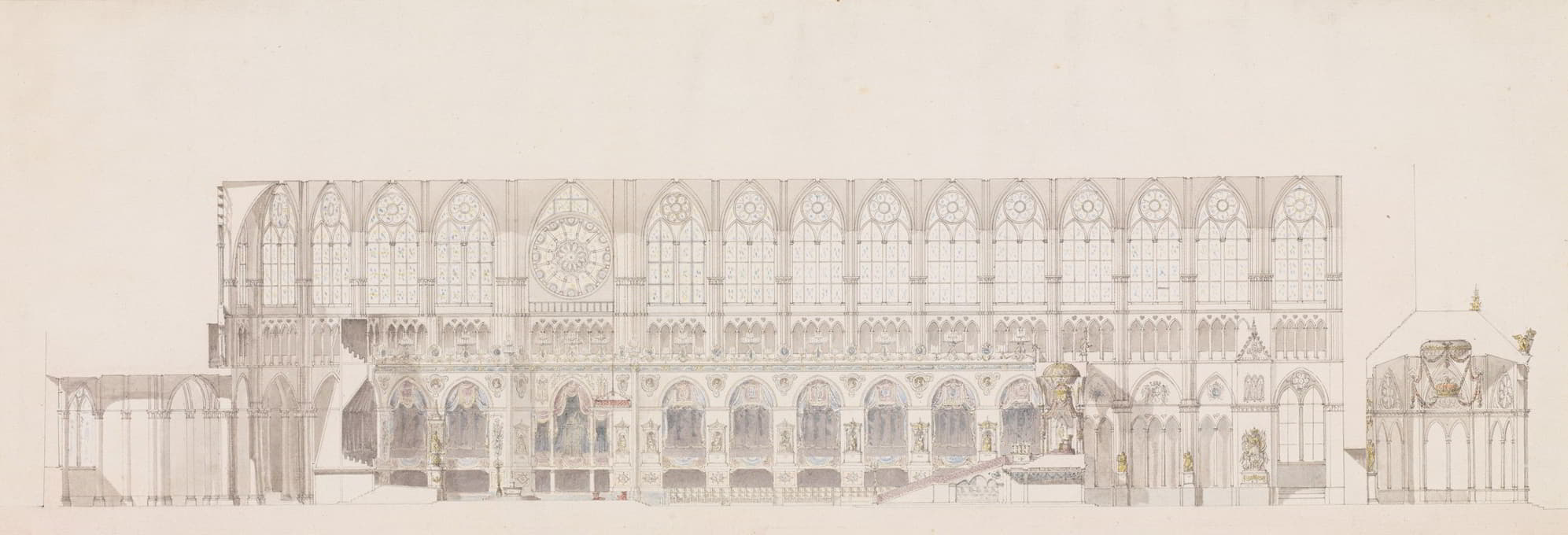 Charles Percier - Cross Section of the Nave of Reims Cathedral, decorated for the Coronation of King Louis XVIII