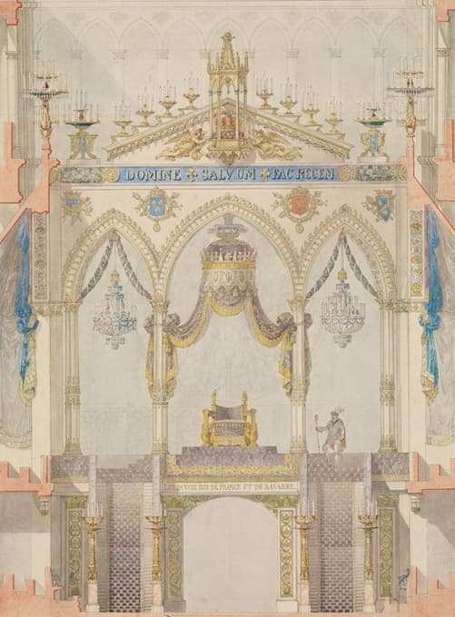 兰斯大教堂的内部立面图，带有路德屏风和国王路易十八加冕礼的王座