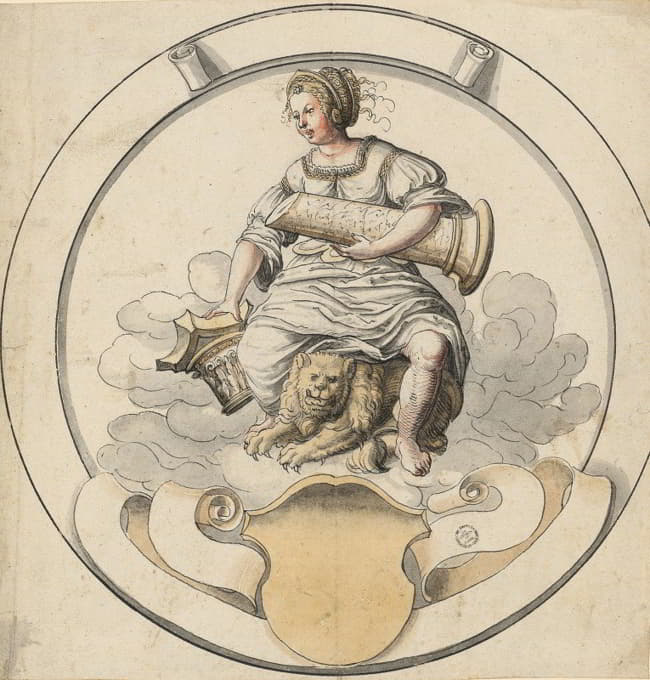 Abraham Bickhart - Scheibenriss im Rund mit Fortitudo, unten leeres Wappen