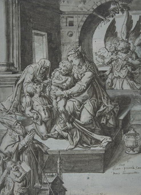 圣母玛利亚与婴儿浸信会圣伊丽莎白，一位跪着的主教，以及三位随从天使
