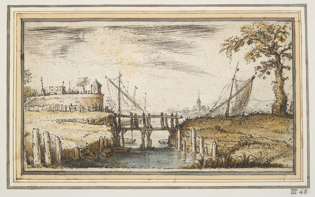 Kasper van Eyck - Footbridge with Bastion and Ships in Distance