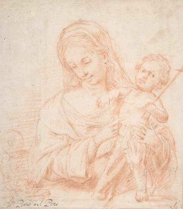 半身圣母和站着的孩子，左边是一位年轻的圣约翰施洗者