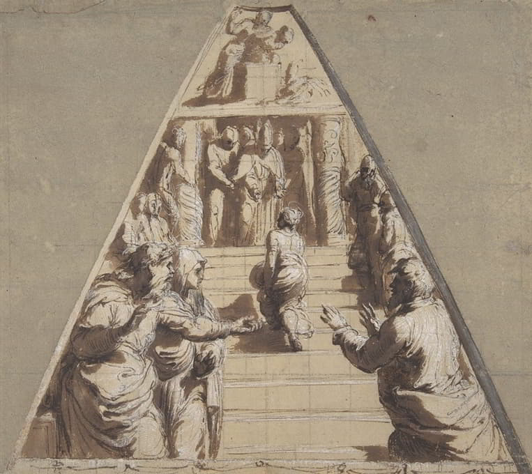 Perino Del Vaga - Presentation of the Virgin in the Temple (below), Abraham about to Sacrifice Isaac (above)