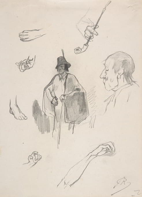 Félicien Rops - Sheet with figures, details of hands and feet