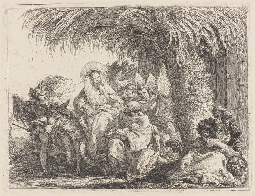 约瑟夫和孩子跪在驴上的玛丽面前