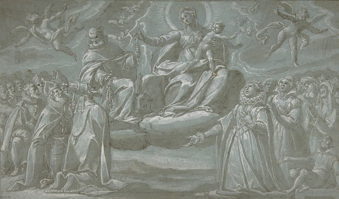 圣母玛利亚和圣婴，圣多明尼克，以及向信徒分发小教堂的天使