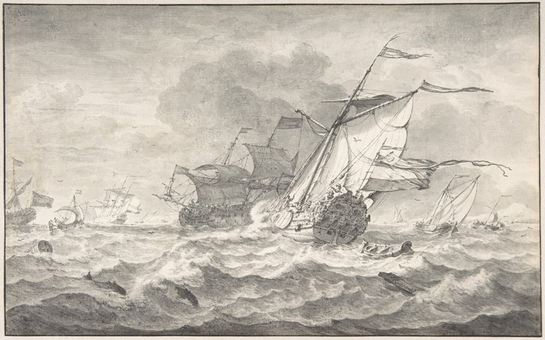 商船和小型帆船在强风中航行，海豚在波浪中航行
