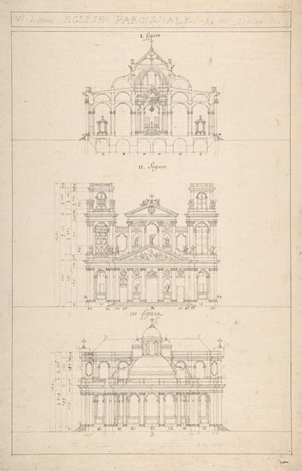 Jacques Germain Soufflot - Drawing of Interior, Façade, and Rear of Church