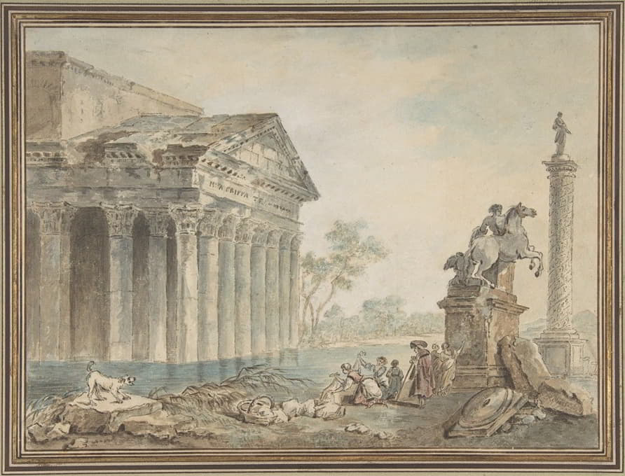 Manner of Hubert Robert - Architectural Capriccio with Roman Monuments and Washerwomen